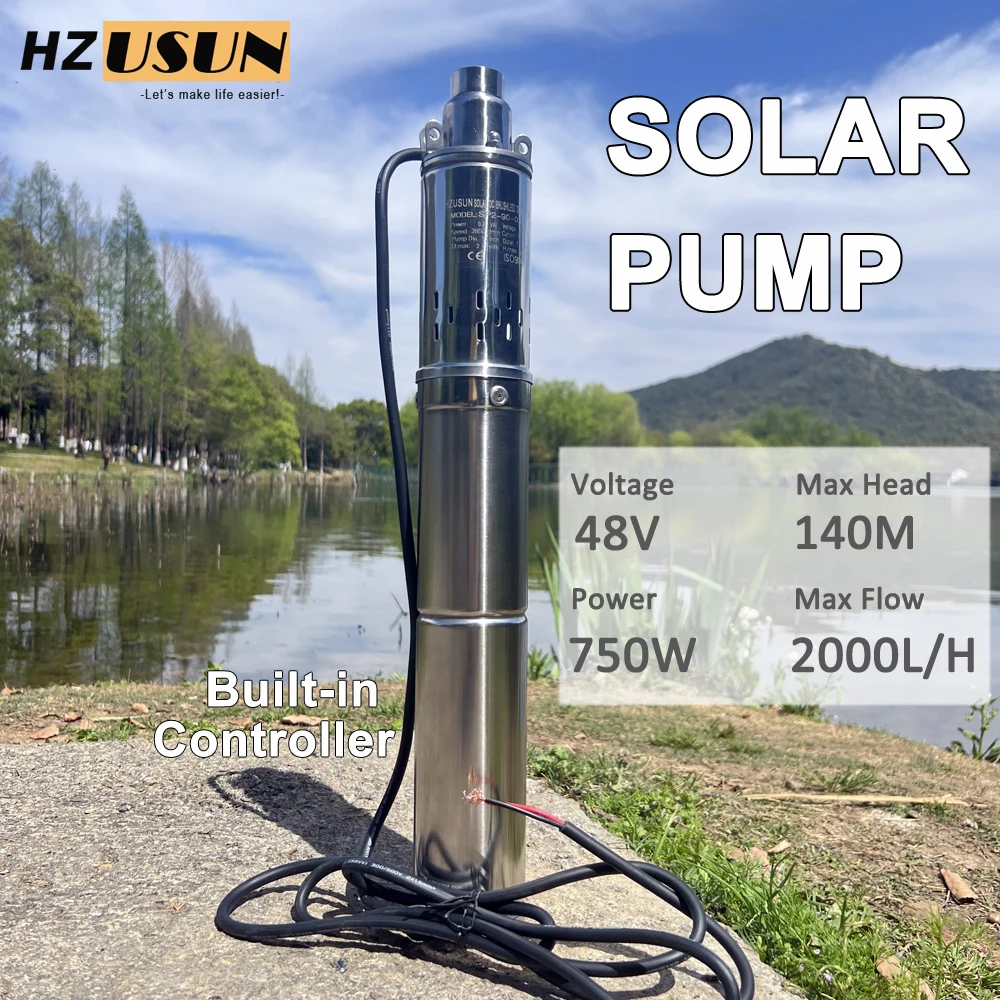 750W Max 140M Solar Power Deep Well Pump with Built-In Controller for Farm Ranch Solar Submersible Stainless Steel Drilling Pump