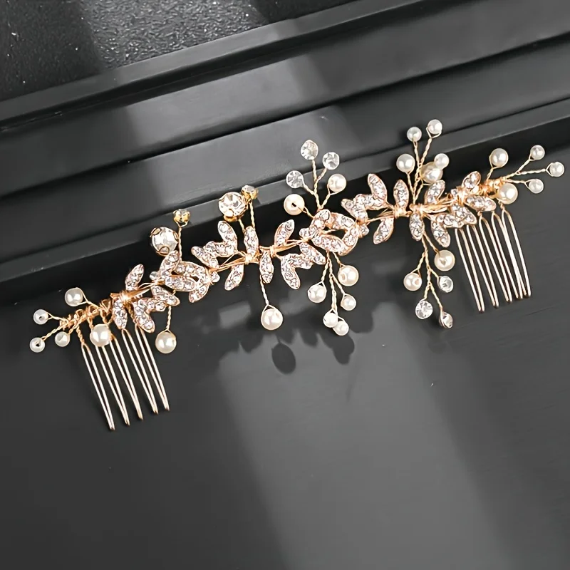 Crystal Pearl Hair Comb Clip Pin Rhinestone Leaf Hair Comb Headband Tiara For Women Bride Wedding Hair Accessories Jewelry Comb