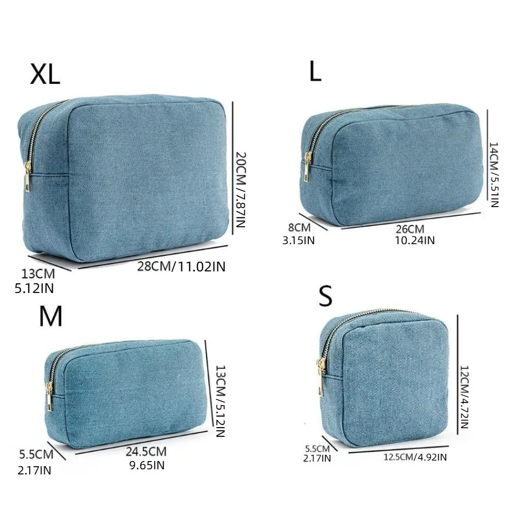 4 Sizes Blue Denim Cosmetic Pouch Vintage with Zipper Travel Storage Bag Solid Color Stationery Organizer Ladies Makeup Bag