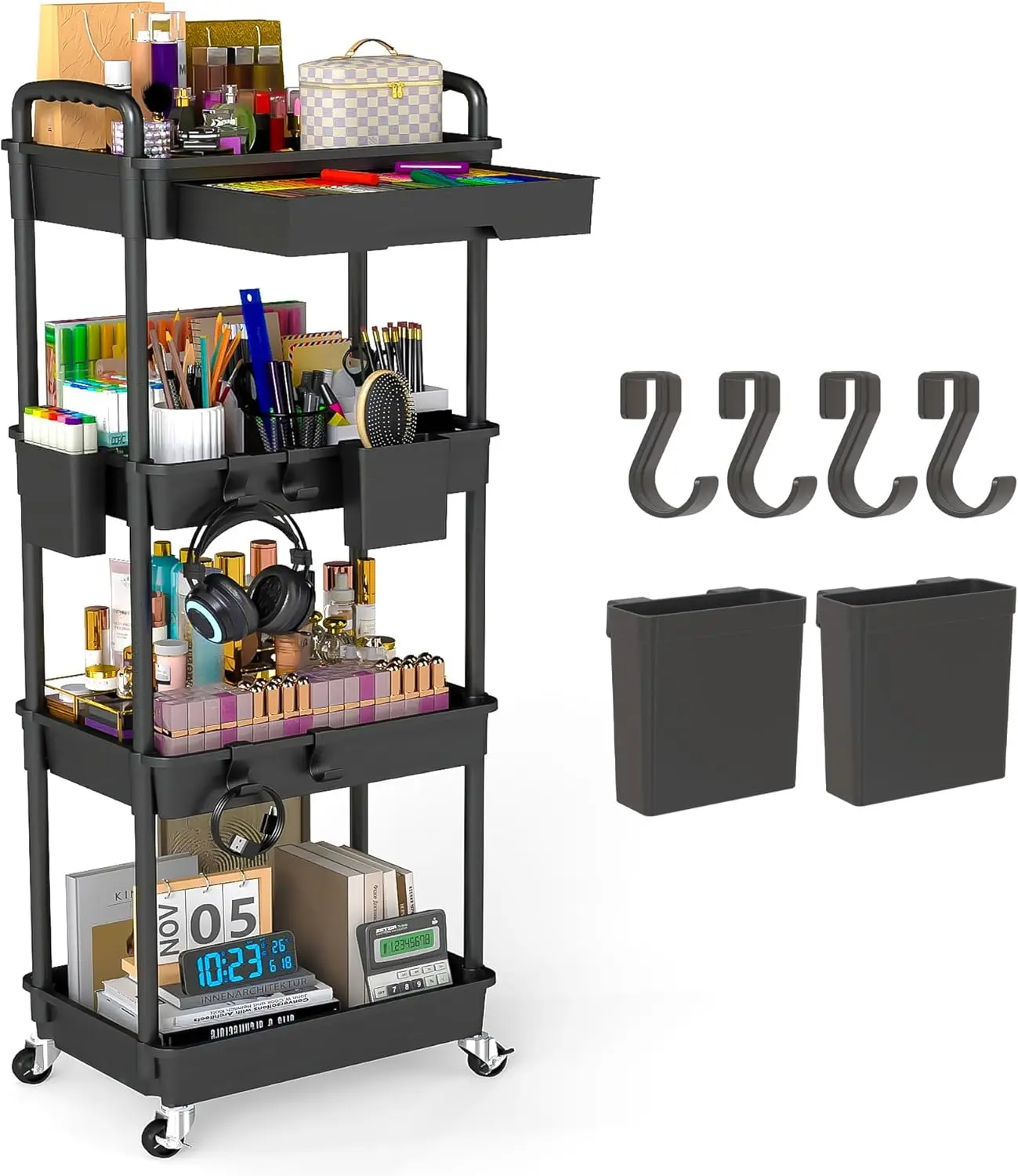 

4-уровневая тележка на колесиках с выдвижным ящиком и крючками — универсальный органайзер для хранения для кухни, офиса, ванной комнаты