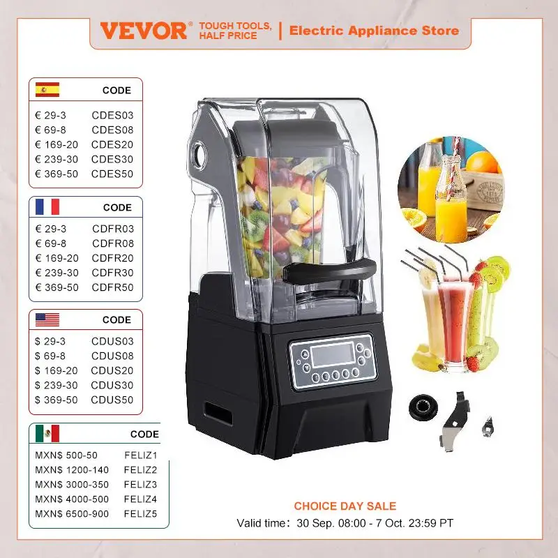 VEVOR 1.5L Food Blender Commercial Sound Insulation Electric Milkshake Mixer Smoothie Maker Processor Home Mute Juicing Machine