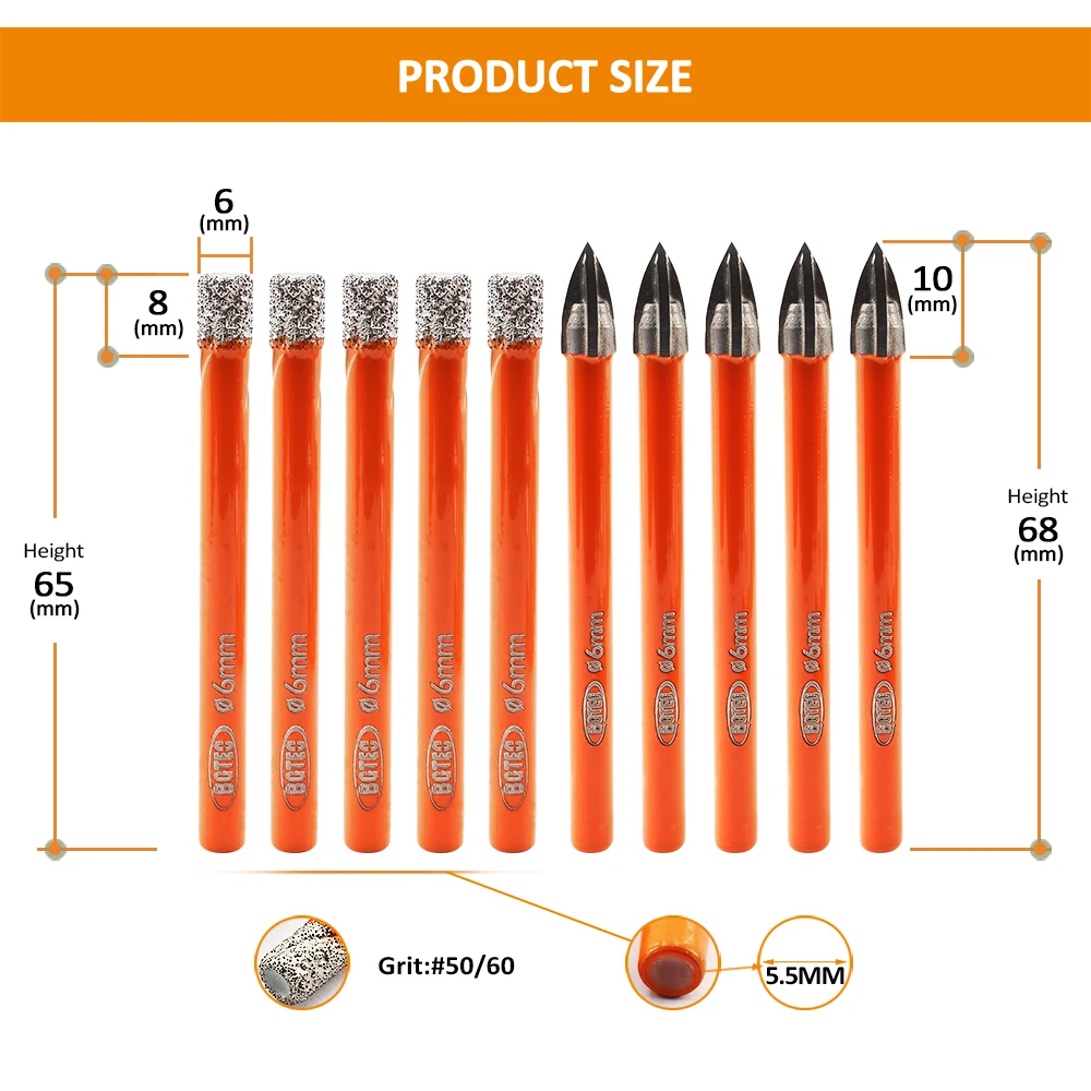 BGTEC 10pcs/Box Diamond Drill Bits Core 6mm Round Shank Core Bits+Cross Hole Opener Drilling Granite Porcelain Tile Stoneware