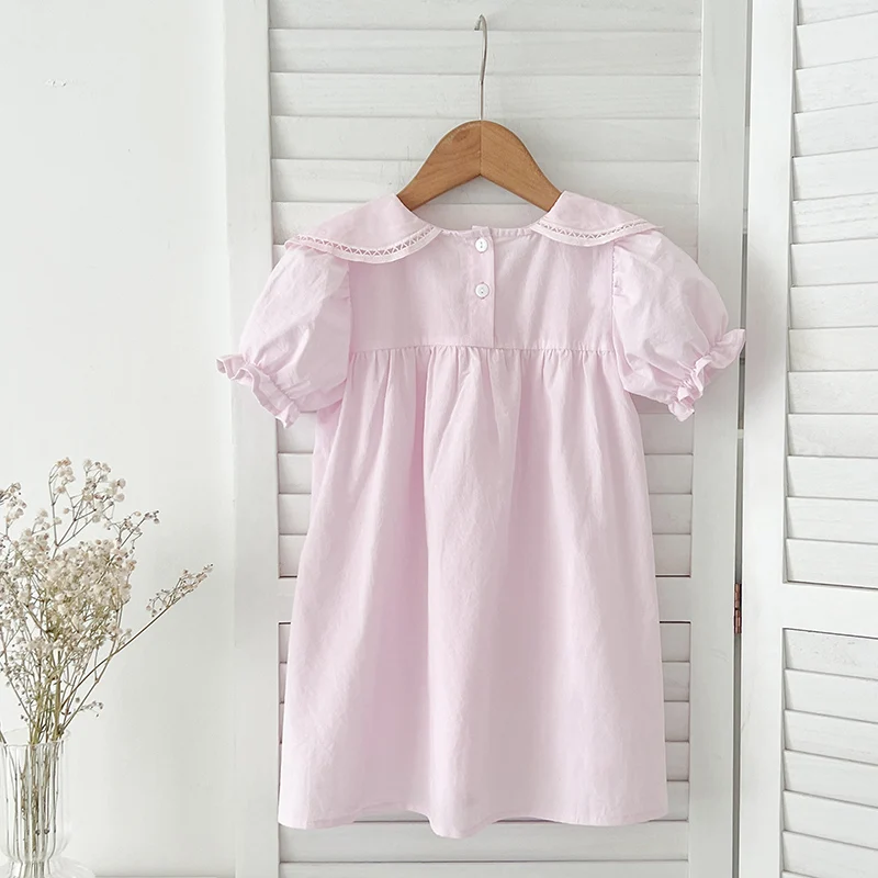 Girls Pink Princess Dresses New Summer Baby Dress Puff Sleeve Korean Style Petal Collar Toddlers Kids Cotton Cute Party Dress