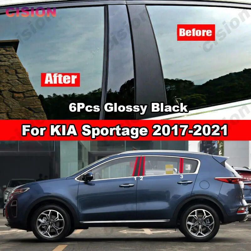 6x Black Mirror Effect Car Window Door Column B C BC Pillar Post Cover Trim PC Material Sticker For For KIA Sportage 2017-2021