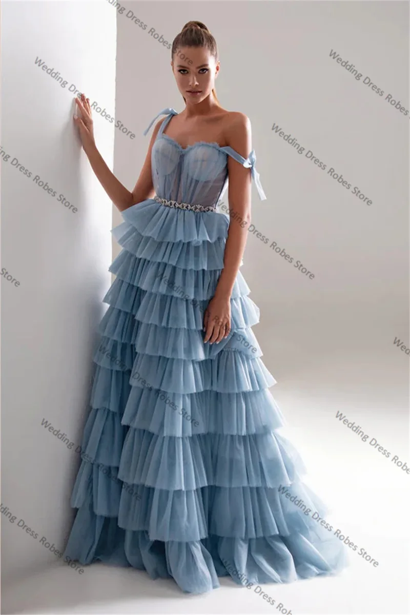 Princess Women Evening Dress Wedding Dresses Sexy Strap Sleeveless Tiered Tulle Crystal Belt Custom Made Party Gown Robes