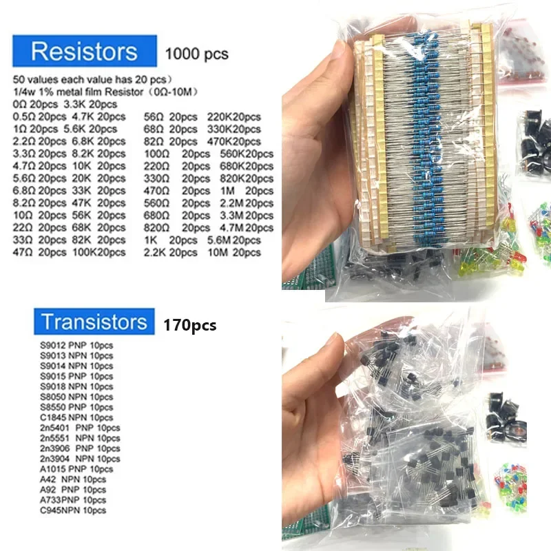 1818pcs Electronic Components Kit Common Capacitors Resistors Capacitors T0-92 LED Transistors PCB Board DIP-IC RM065 diodes