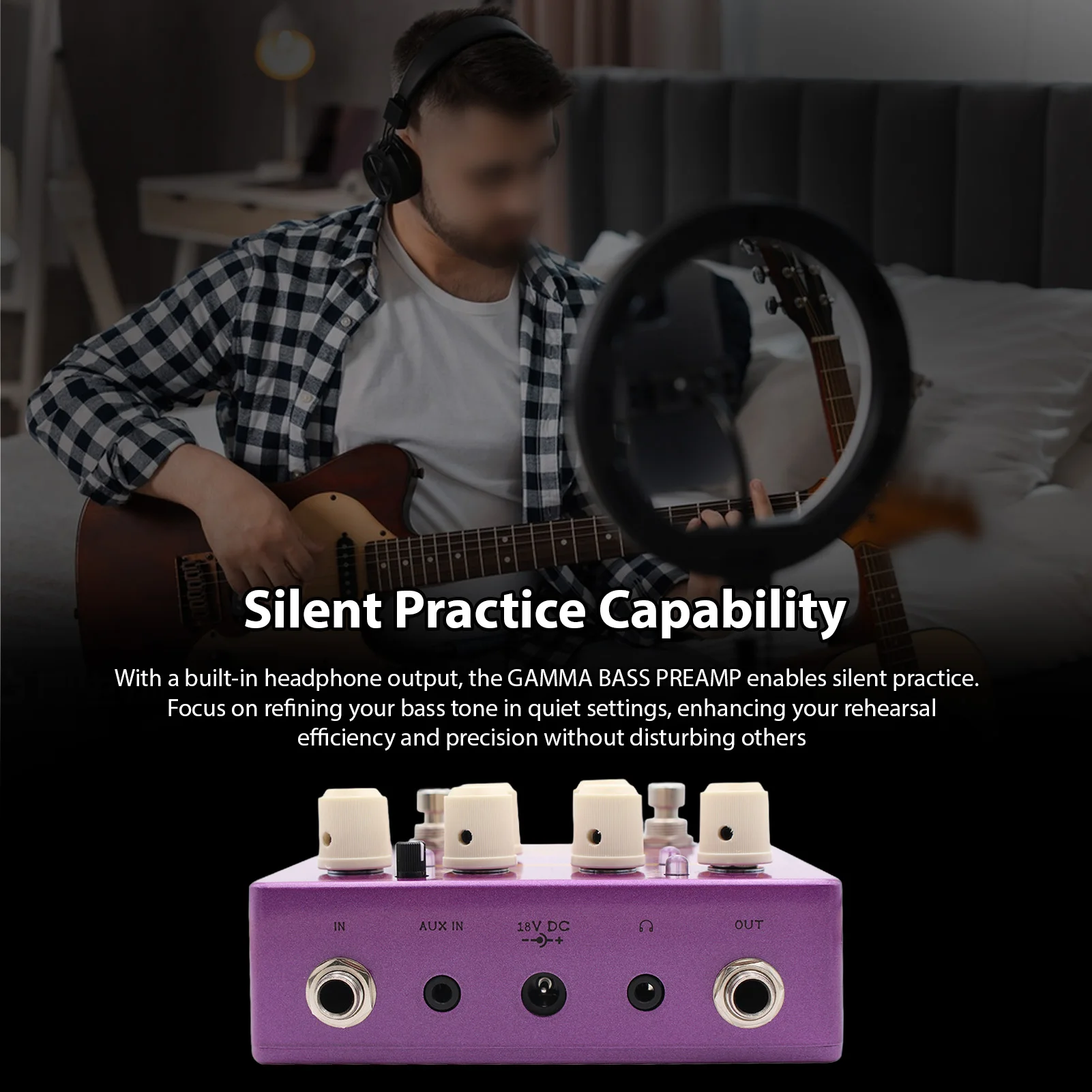 MOSKYAUDIO Gamma Bass Preamp DI تأثيرات دواسة 4-Band EQ مع مخرج سماعة رأس بمفتاح عميق ومشرق للصوت الديناميكي النظيف صحيح