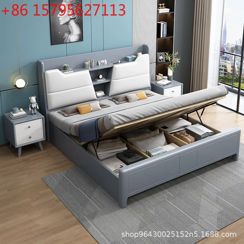 

Скандинавская двуспальная кровать 1,8 метра, белая, из массива дерева, многофункциональная, с системой хранения, современная, простая, для главной спальни, серая, свадебная кровать