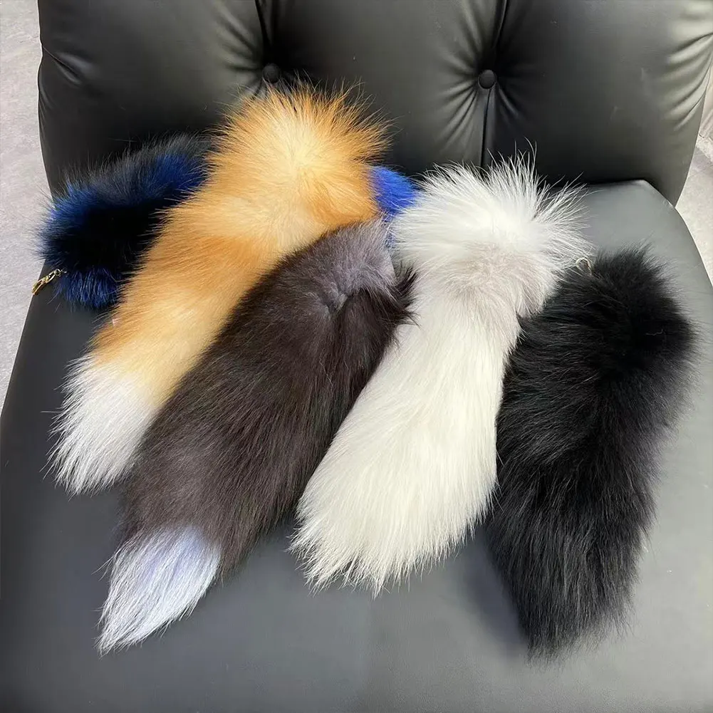 2024 Real Fox Fur Tail Large Long Natural Fur tail Keychain Pendant Cosplay tail Cute Wolf Fox Tail Fur Car Keychains For Women