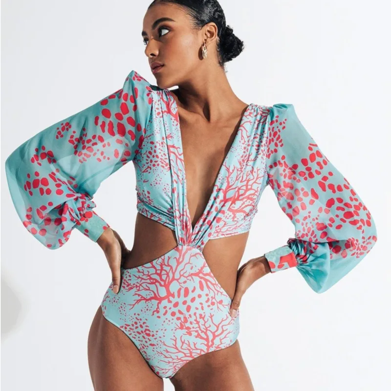 

V Neck Printed One Piece Swimsuit For Women Long Sleeve Sexy Hollow Waist Design Integrated Beach Vacation Leisure Spa Swimsuit