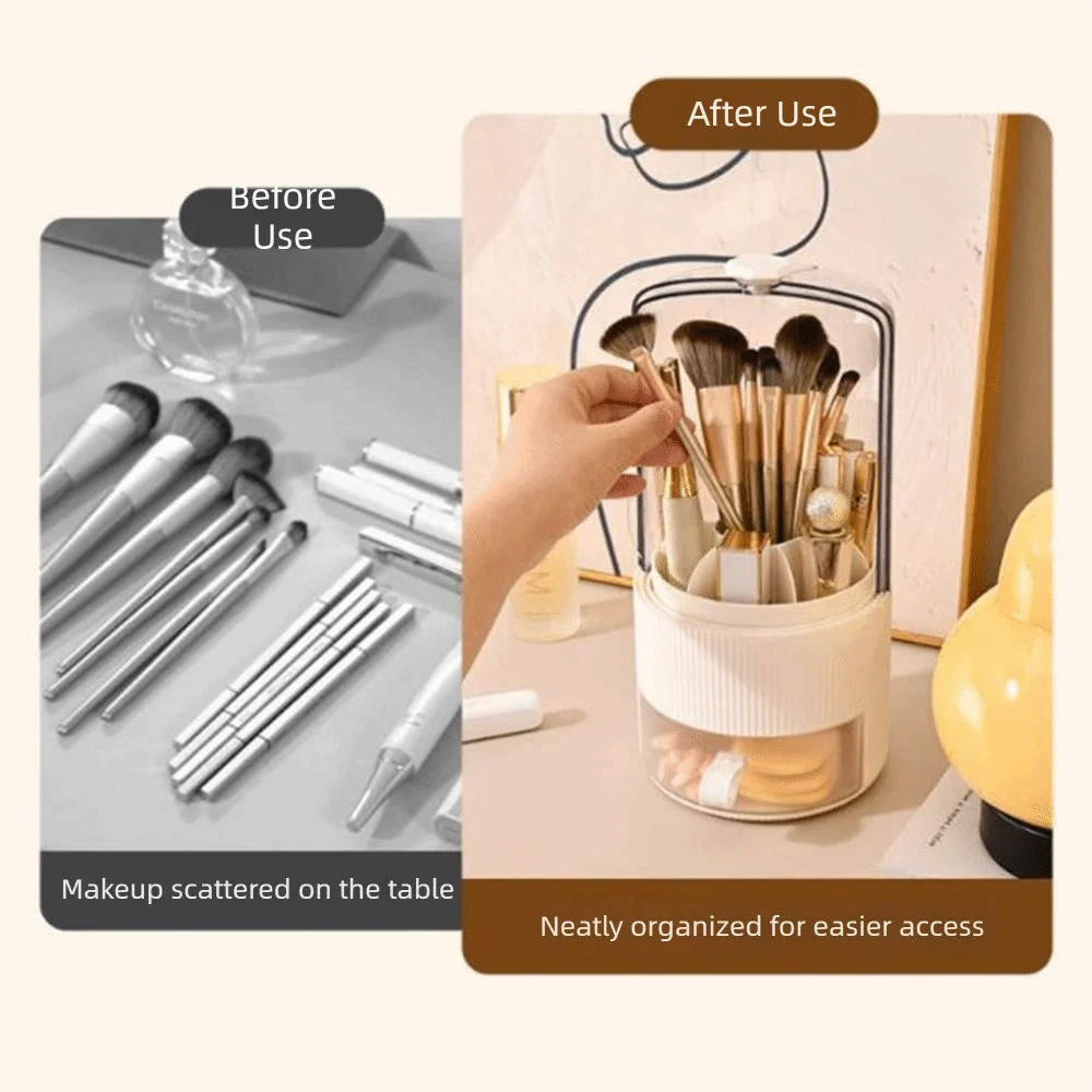 

Пластик 360 ° Вращающийся органайзер для кистей для макияжа, круглый, большой вместимости, пылезащитный, с выдвижным ящиком