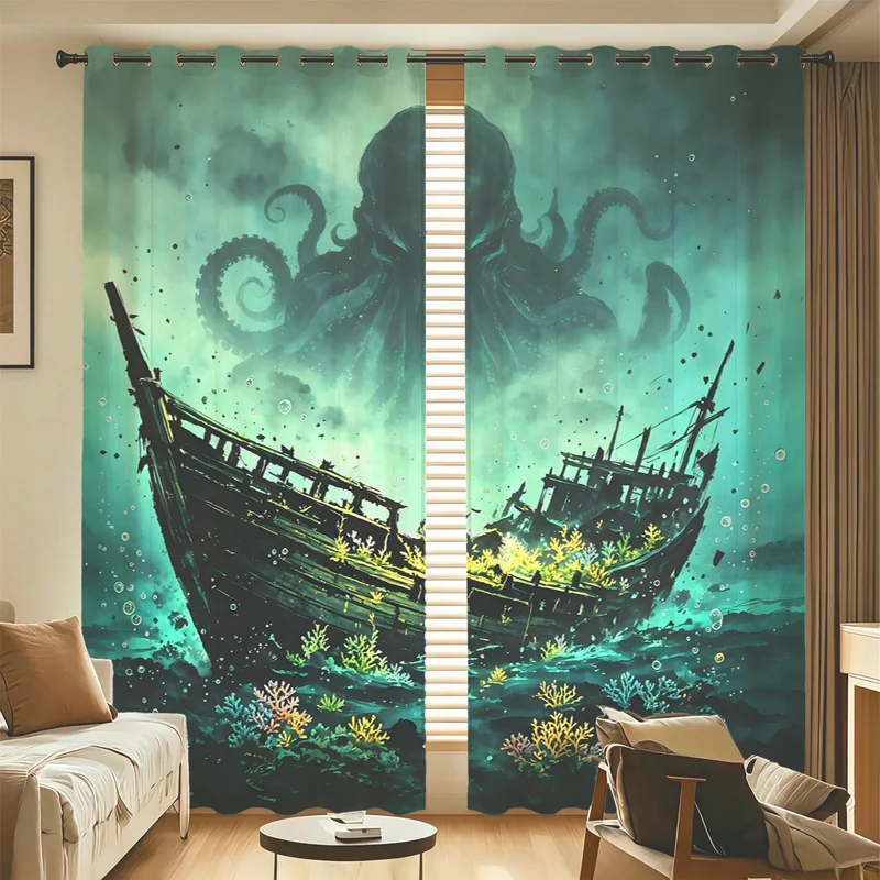 2Pcs Microfiber Curtain Set,Machine Washable,Easy Hanging & Installation,85% Light Blocking,Artistic Dark Fantasy Octopus Print