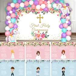 My First Communion Decor Backdrop Boy Girls Party Christening Gold Cross Angel Baby Shower Photography Background Custom Name