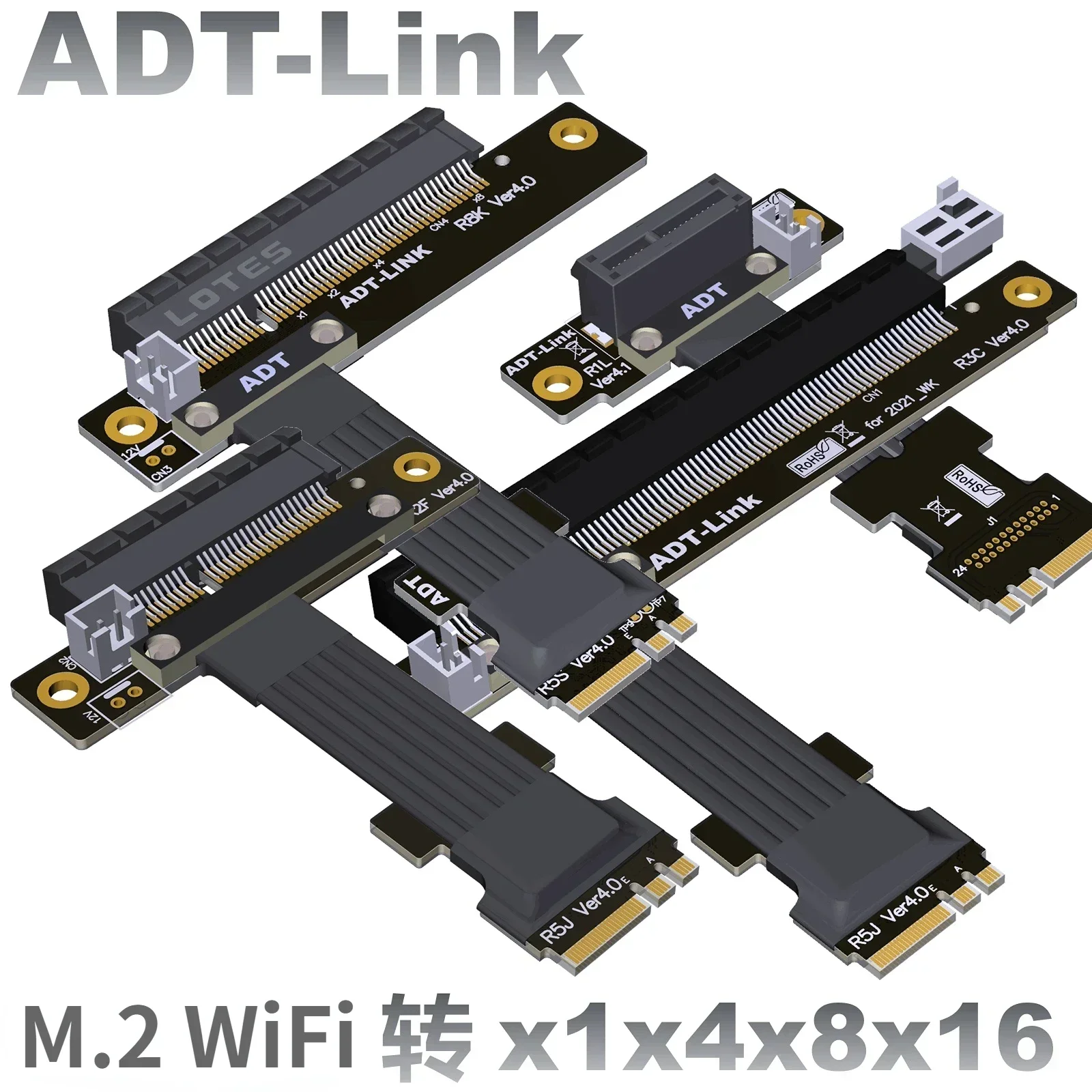 For M.2 WiFi NGFF Key A+E to PCI-E 3.0 1X 4X 8X 16X Adapter Convert Cable 4Pin SATA Power Connector 90° for PCIe Tester Extender