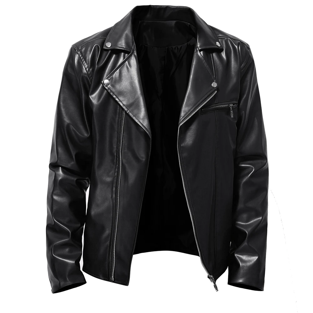 Men's PU Leather Slim Fit Jacket with Lapel Collar Zipper Closure Long Sleeve Motorcycle Punk Outerwear for Casual Use