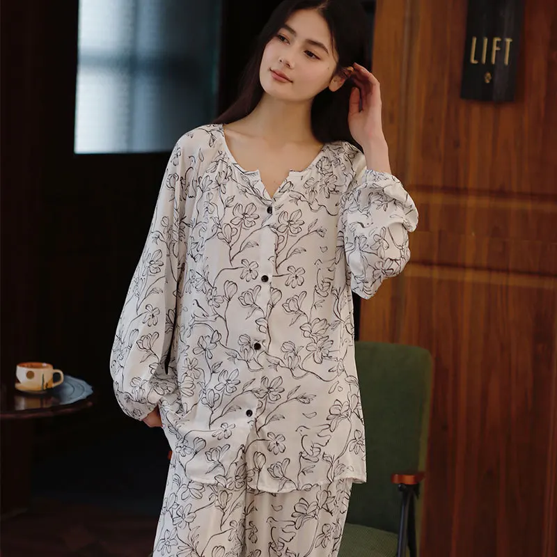 

2025 Satin Crew Neck Cardigan Homewear Ink Painting Print Long-sleeved Trousers Pajama Set Autumn Viscose Home Clothes 2 Piece