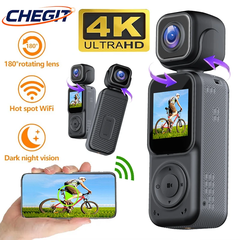 2025 عدسة مزدوجة جديدة 4K UHD 180 °   كاميرا فيديو صغيرة قابلة للدوران تعمل بالواي فاي، كاميرا جيب رياضية محمولة باليد