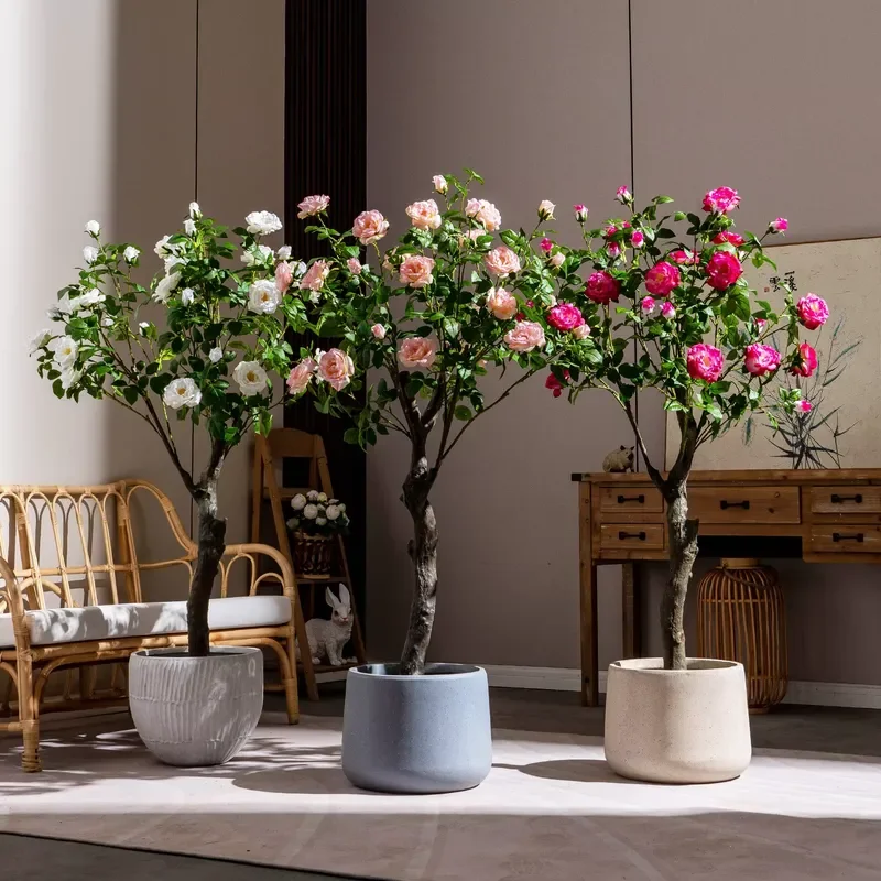 White Artificial Rose Tree Potted Plant Eco Friendly Recyclable Flower Arrangement Decor for Home Office Christmas Graduation