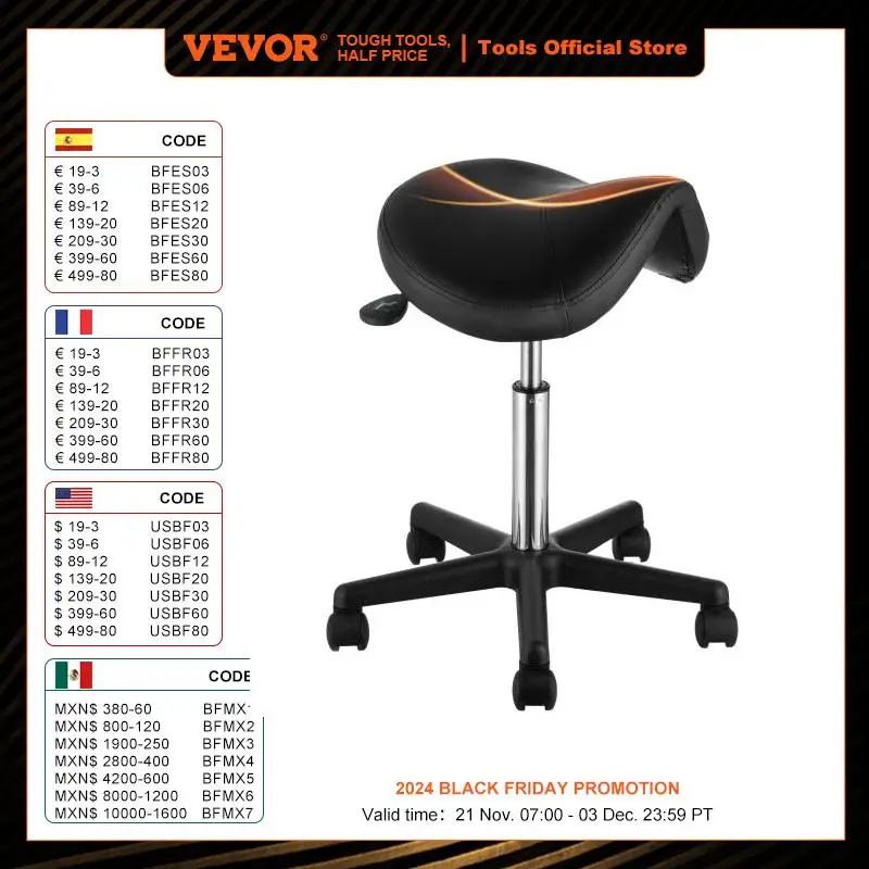 VEVOR Ergonomic Saddle Stool with 5 Swivel Casters 360° Rotation 20.1-28 in Height Adjustable Round Stool for Bar Salon Office