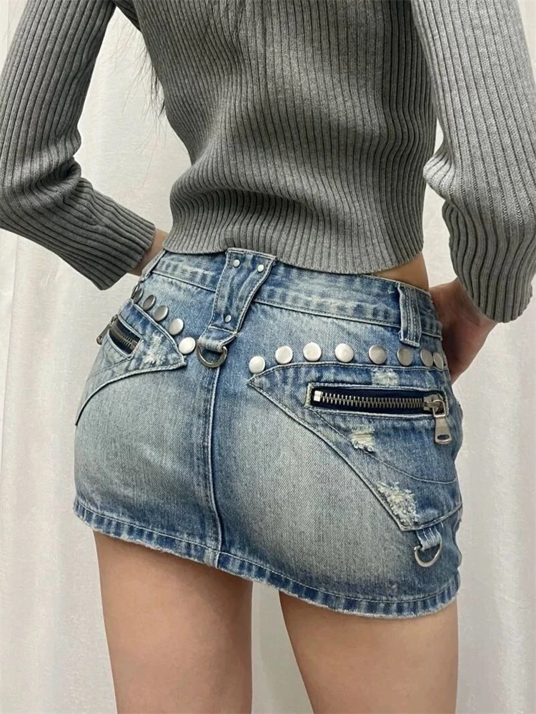 Feminino rebite zíper design denim mini saia legal menina vintage moda verão feminino cintura alta a linha shorts saias