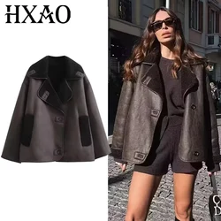 HXAO Fleeced Faux Leather Jacket Women Outerwears Vintage Cold Faux Wool & Blends Coats For Woman Autumn Winter Plush Jacket