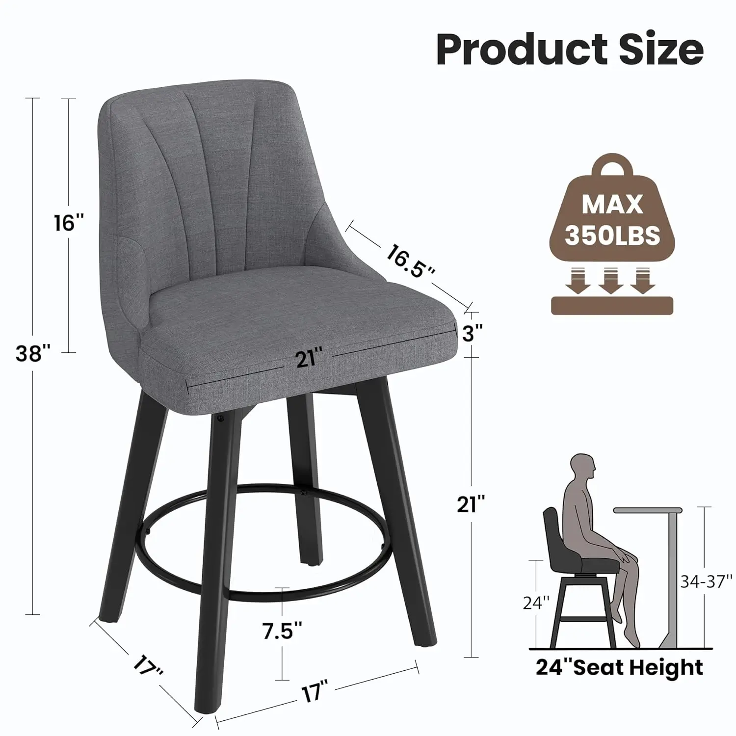 مقعد مرتفع دوار بارتفاع عداد، مجموعة مقاعد للبار من القماش المنجد مقاس 24 بوصة مكونة من 3 قطع، كرسي مقعد مضاد مع ظهر وأرجل من الخشب الصلب