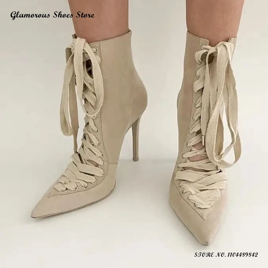 

Cross-tied Suede Ankle Boots Women's Pointed Toe Thin Heels Party Dress Shoes Spring Autumn Retro Lace-up Solid Trendy Booties