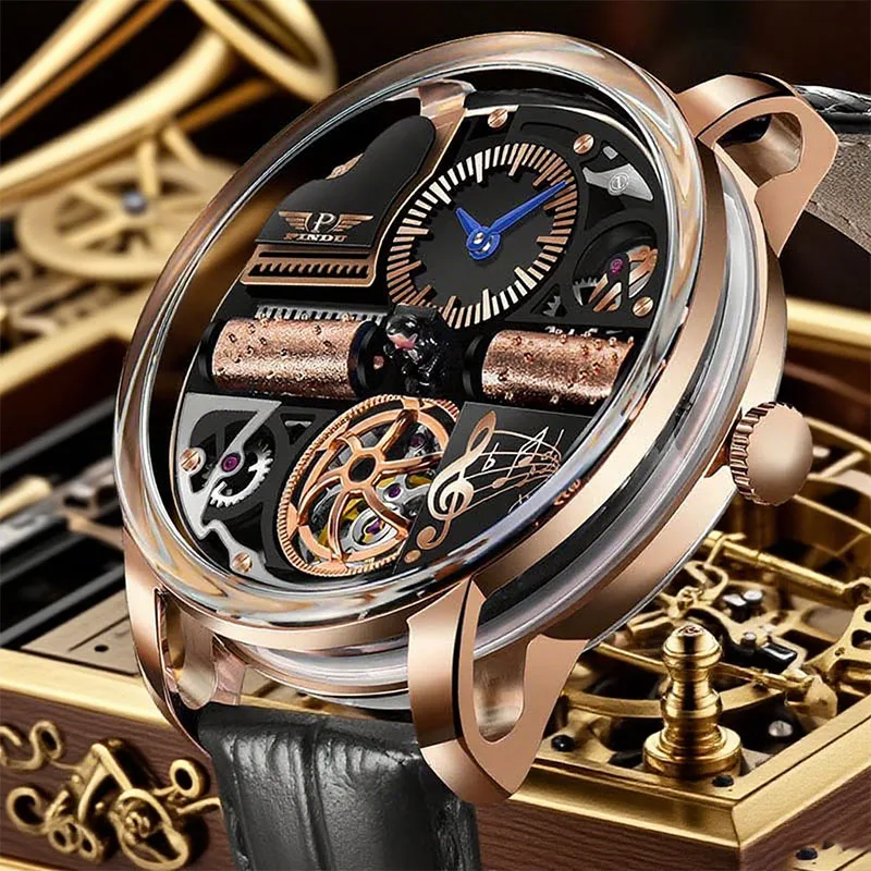 PINDU تصميم جديد للرجال ساعة ميكانيكية صندوق تشغيل الموسيقى الهاتفي الياقوت الزجاج 50ATM يوميا مقاوم للماء + ضوء مضيء