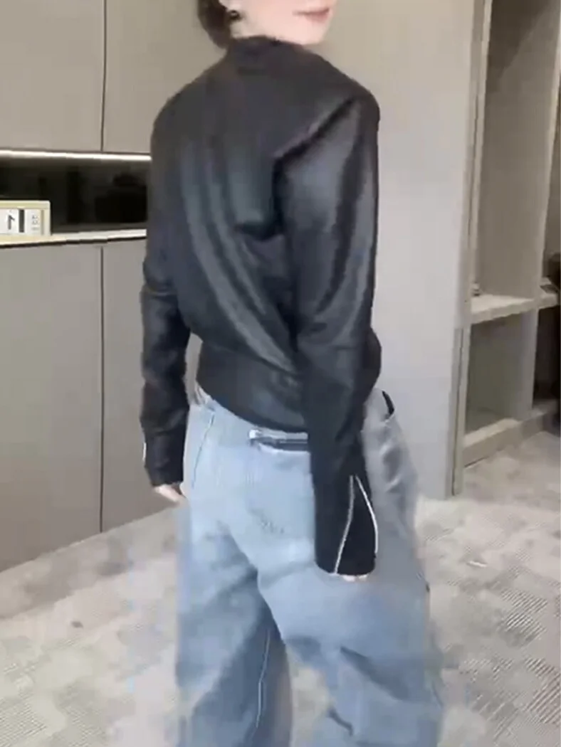 Primavera 2024 faionable fino ajuste bla couro de cordeiro jaet v-ne casaco feminino n pele longa sve comprimento regular eepskin