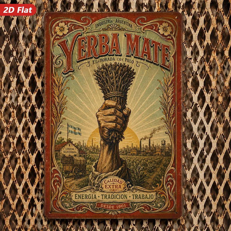 2D Flat, 1pc Metal Sign Wall Art, Yerba Mate Themed Home Decor, Vintage Style, Hand-Held Plant Art, for Living Room, Kitchen,