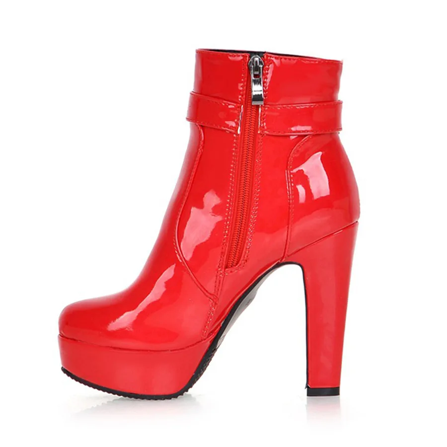 Winter Women Plush Platform Ankle Boots High Chunky Heels Red Black Patent Leather Office Ladies Punk Buckle Zipper Short Boots