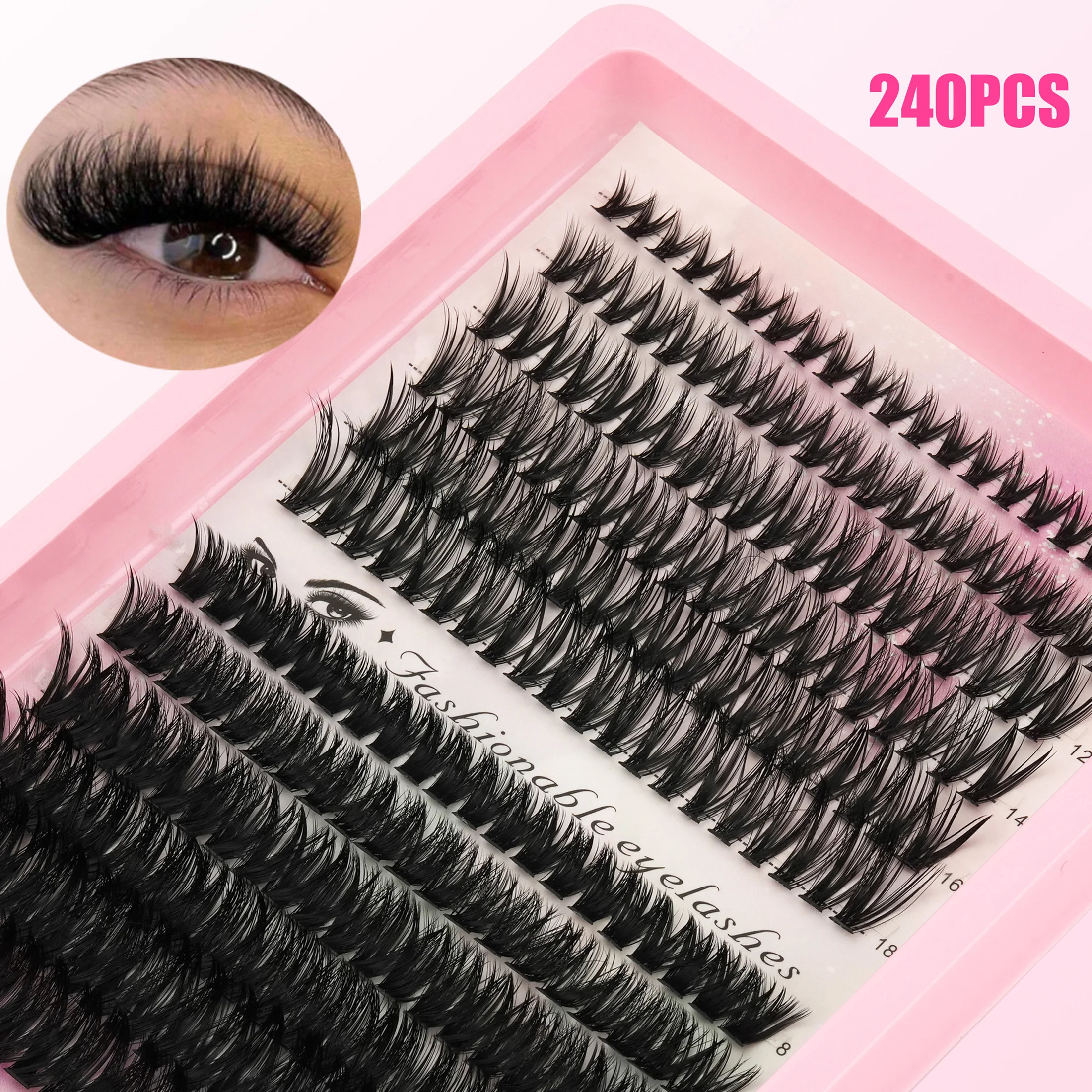 240PCS Cluster Lashes C/D/DD Curl Fluffy Individual False Eyelashes 8‑18mm Mixed DIY Segmented Lash Extensions for Eye Makeup