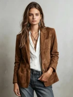 Élégante veste en daim marron pour femmes, vêtement d'extérieur tendance d'automne avec poches et boutons pour dames. 1