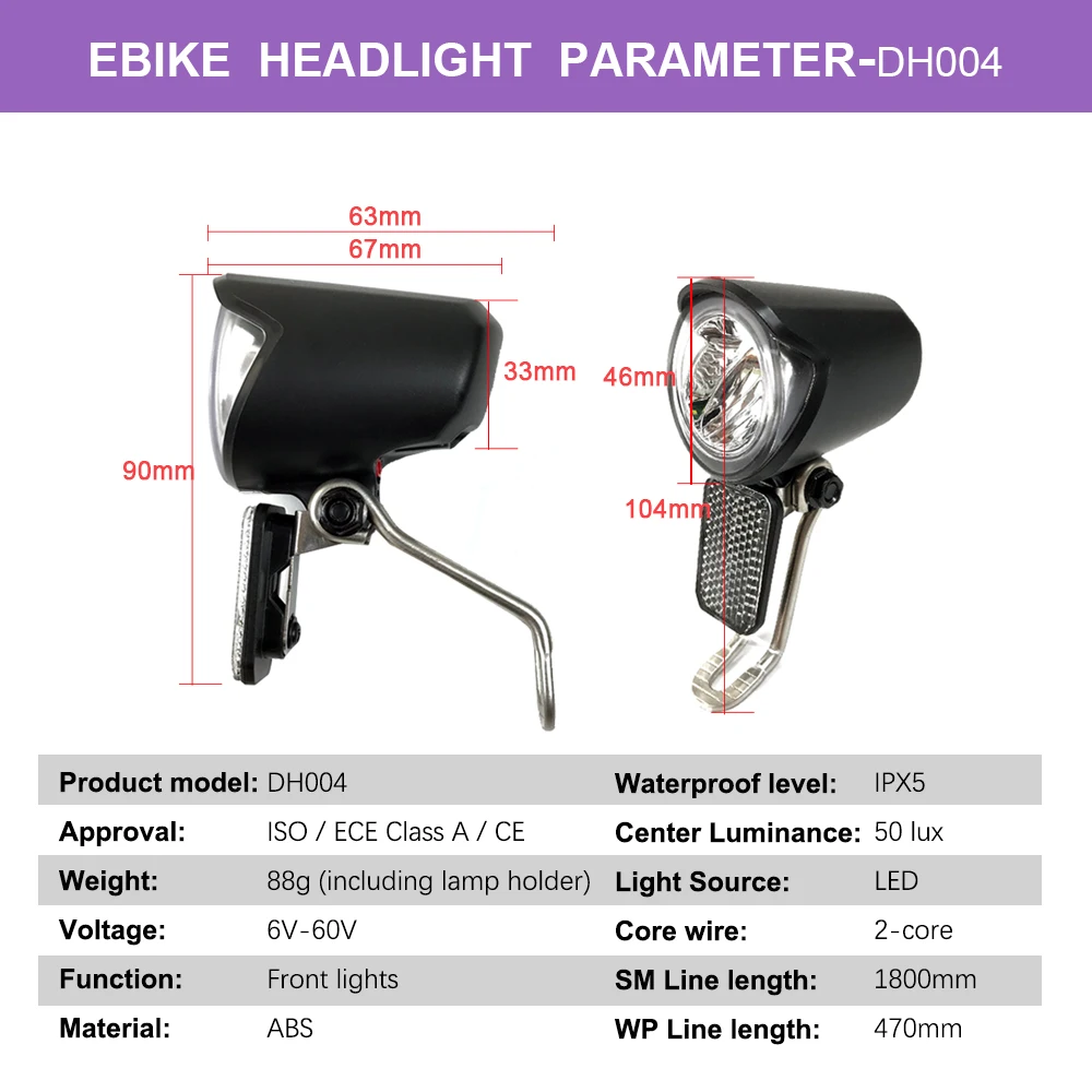 eBike Light Electric Bicycle Headlight TailLight 12V-60V 2Pin SM Waterproof Plug Bike Accessories Cycling