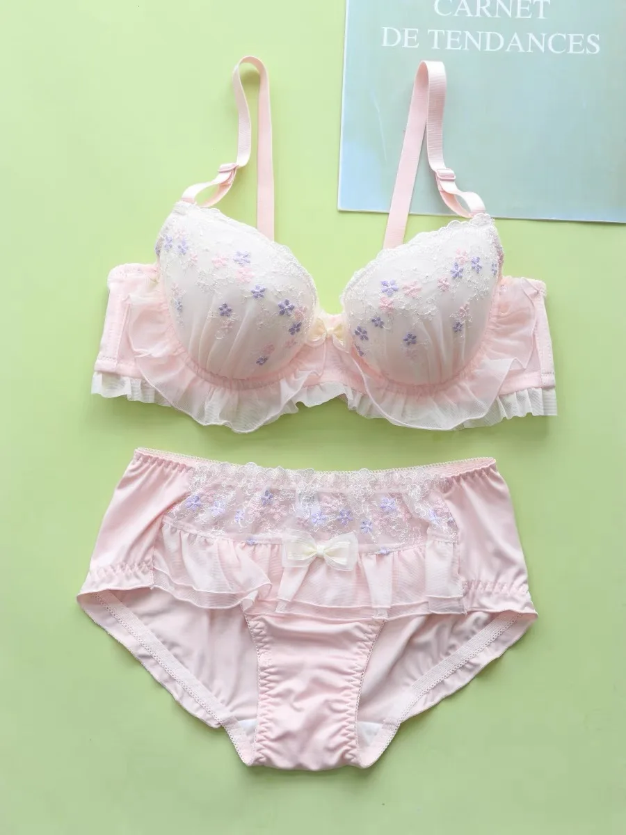 Flower Fairy Lingerie Set Cute Girl Heart Women Underwear Set Gathered Lolita Fresh Bra Set ABCDEF Cup with Steel Ring Bralette