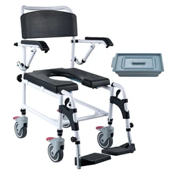 VEVOR Shower Commode Wheelchair with 4 Lockable Wheels Footrests Flip-up Arms 3-Level Adjustable Height 5L Removable Bucket