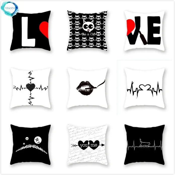 

Black and White Cupid Mr Beard ECG Pattern Pillowcase Home Decorative Polyester Cushion Cover Sofa Decoration 45x45cm