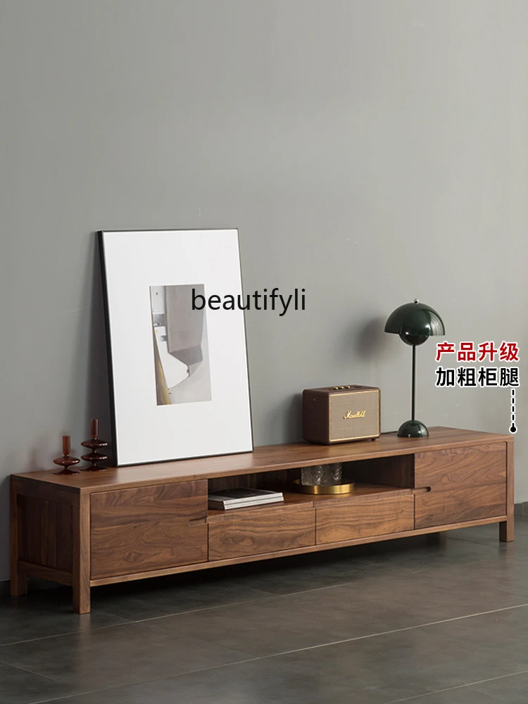 

Black Walnut Wooden TV Cabinet Small Apartment Nordic Solid Wood Living Room Deck Floor Cabinet Furniture