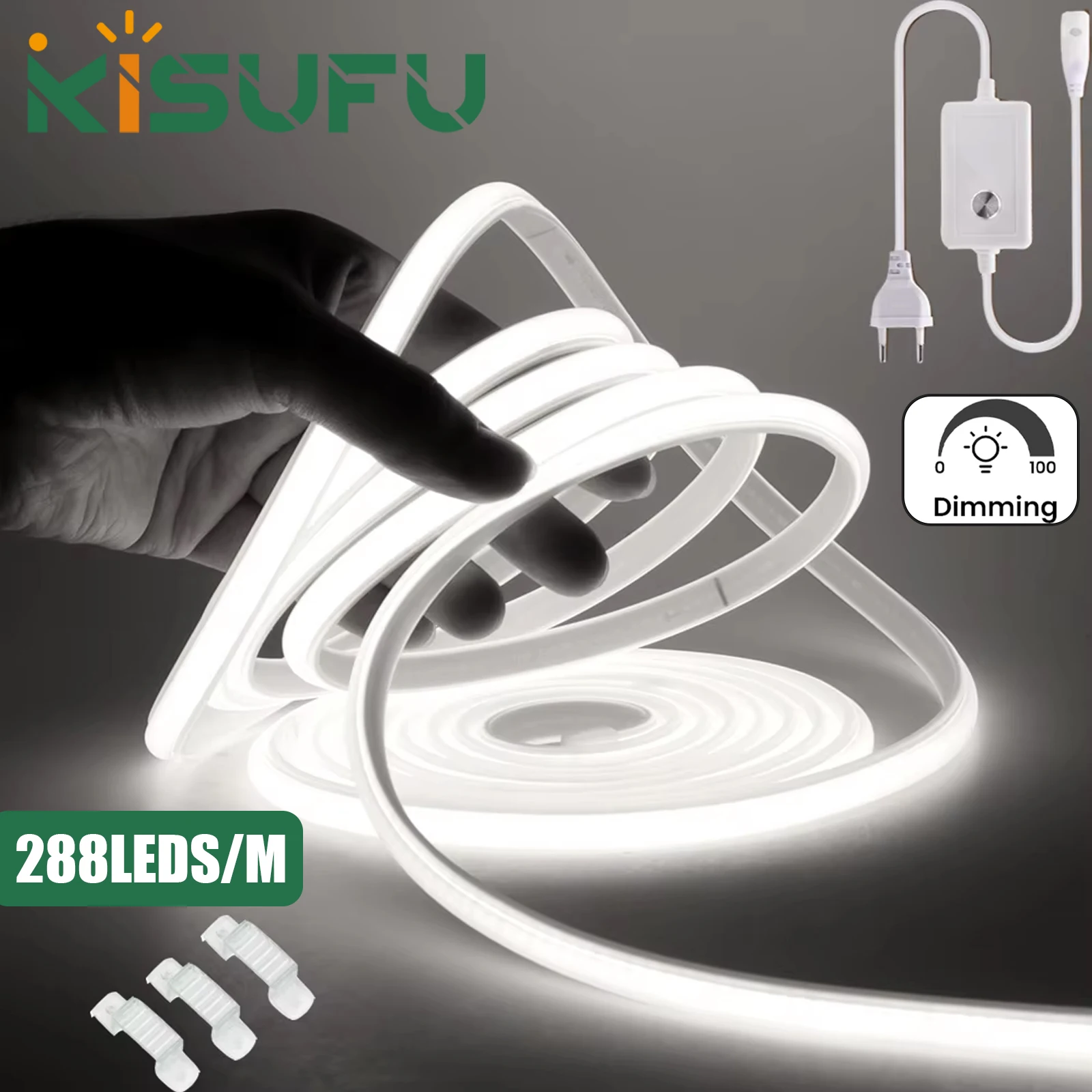 220V 288LEDs/M Dimmable COB Neon Light Waterproof White/Ice Blue/Red/Green Flexible Ribbon Tape for Garden Linear Lighting 1-20M