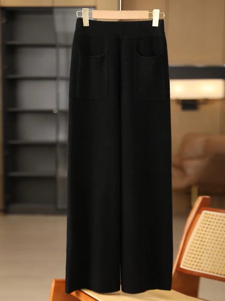新しい Women100% メリノウールニットワイドレッグパンツポケットデザイン秋冬ベーシックソフト暖かいカシミヤニットズボンカジュアルスタイル
