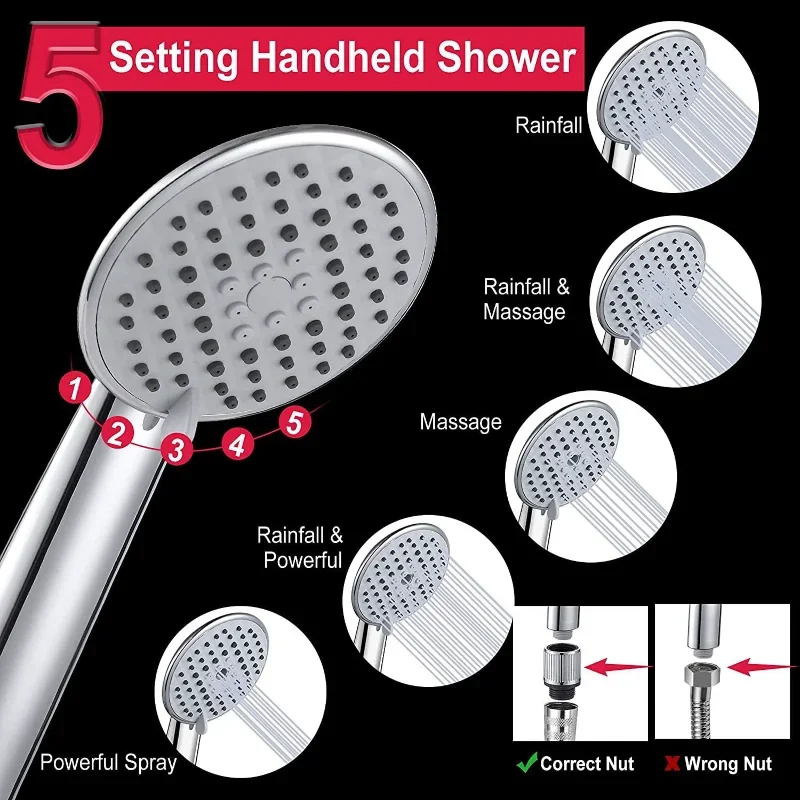 8/10 Inch Adjustable Shower System Bathroom High Pressure Shower Faucet Set Water Saving Shower Set with 5 Modes Hand Showerhead