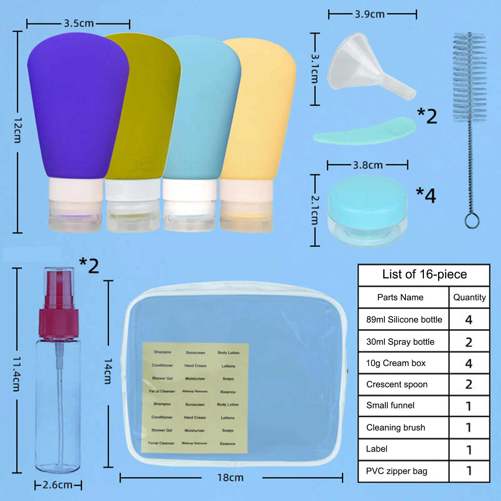 

16 шт./компл., силиконовые многоразовые дорожные бутылки, комплект с широким горлышком, герметичные дорожные контейнеры для хранения шампуня, лосьона, крема