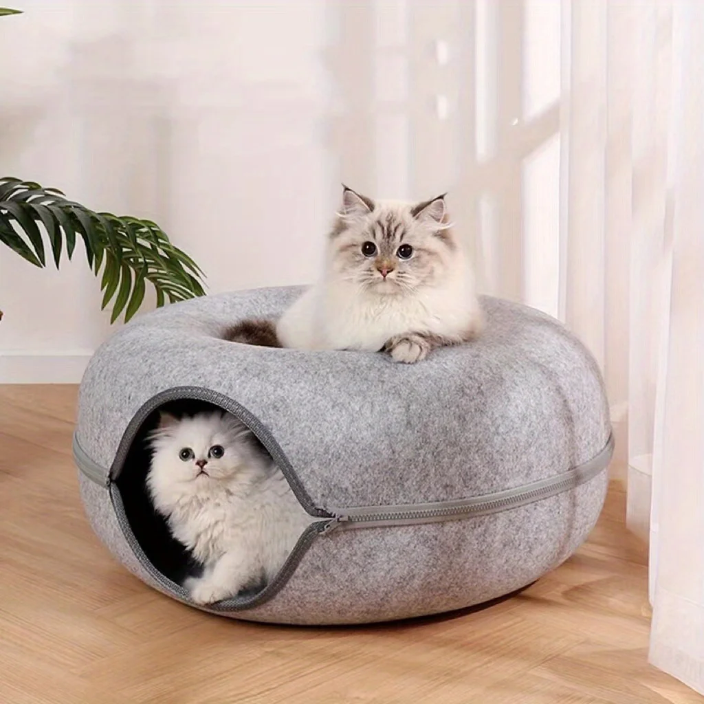 1pc Felt Tunnel Cat Nest with Kitten Window, Cat Donut Tunnel, Detachable Round Cat Bed, All-season  Washable Dog Beds  Kitten