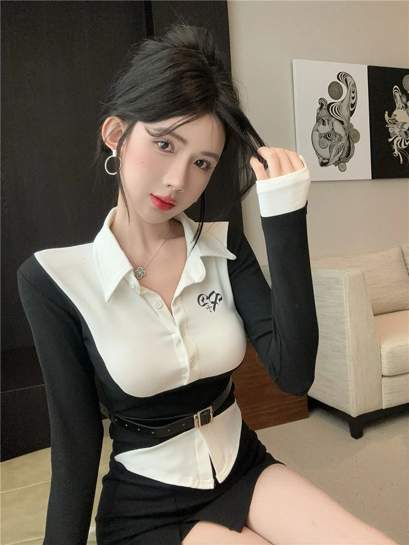 

Spring Autumn Short Sleeve Long Sleeve Neck Design Women's Shirt Sexy Spicy Base Layer Top Color Block Trendy Female Fas...