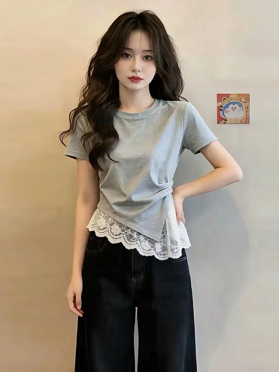 Slim Fit Short Sleeve T-Shirt Women's 95 Cotton Lace Patchwork Waist Cinching Summer New Style plus Size Big MM Top