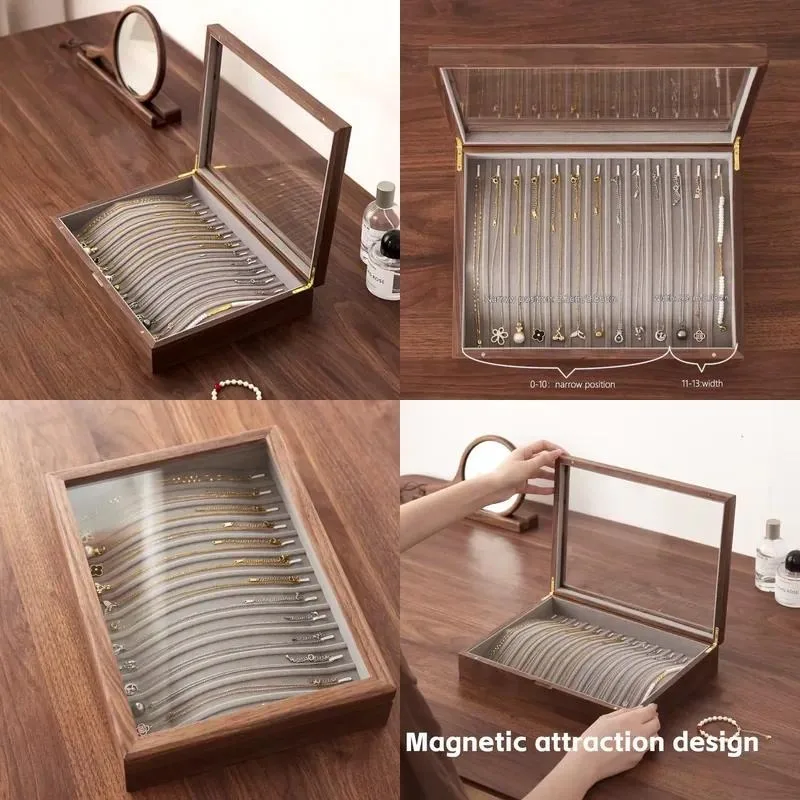 Modern Solid Wood Walnut Jewelry Storage Box with Glass Cover 13 Hooks Multi Function Necklace Organizer Space Saving Display