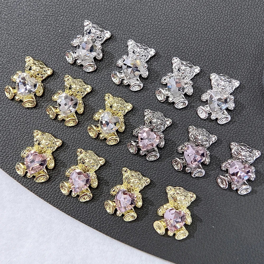 10 szt. Urocze misie złote srebrne z różowym sercem kryształowe cyrkonie do paznokci 3D ozdoby do paznokci DIY rękodzieło do manicure misie akcesoria do paznokci