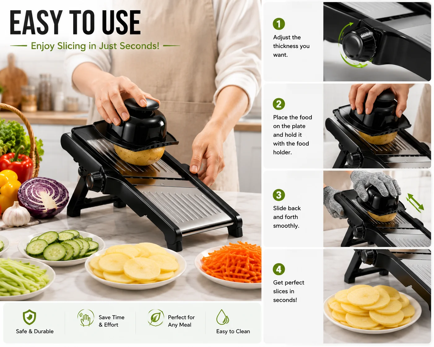Professional Adjustable Mandoline Slicer, Stainless‑Steel Vegetable Fruit Julienne Cutter with Cut‑Resistant Gloves, Hand Guard and Cleaning Brush, Multi‑Thickness Kitchen Food Slicer for Potato, Onion, Carrot, Cucumber