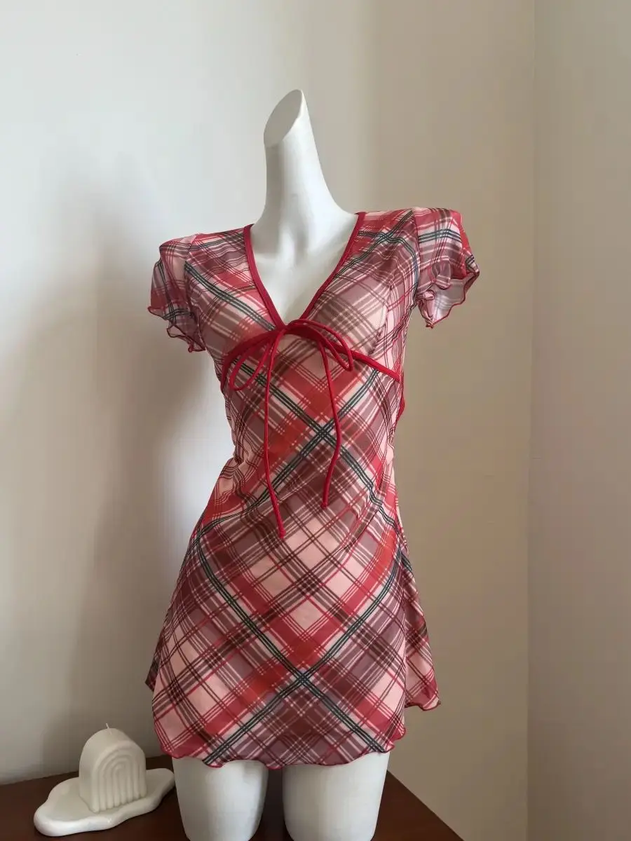 Harajuku a cuadros moda Vintage vestido trajes de baño vacaciones playa Chic Y2k traje de baño estético Sexy vacaciones Casual traje de baño de una pieza