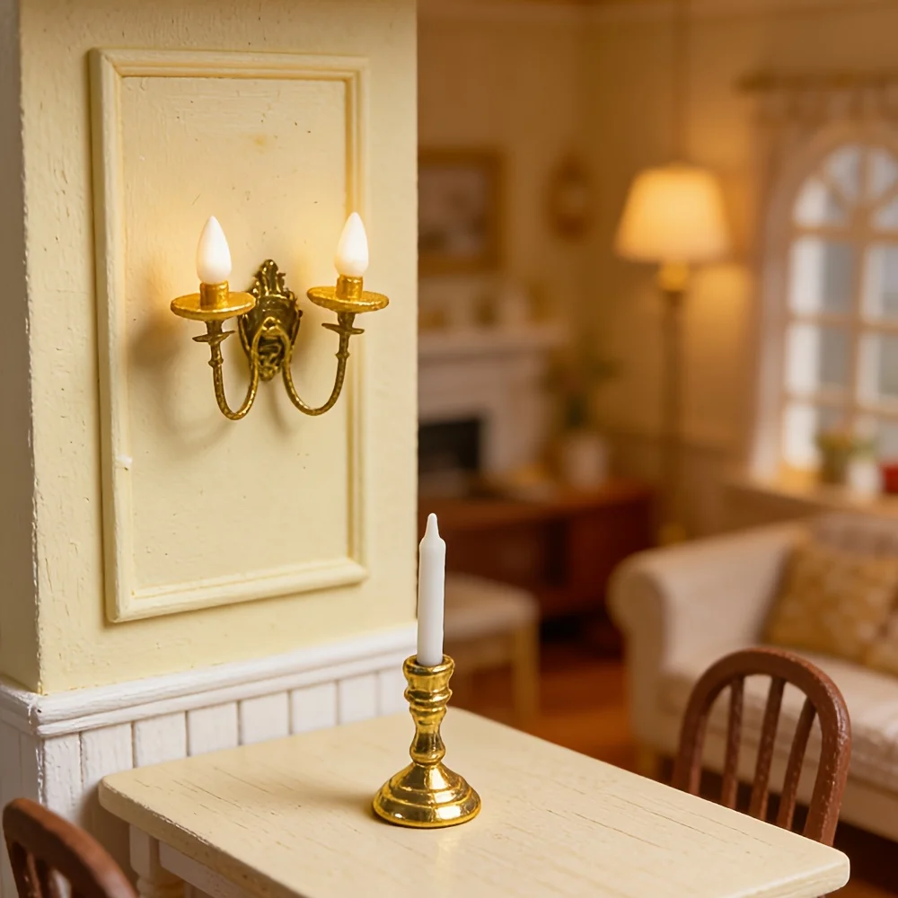 2PCS Dollhouse Miniature Lamp and Candle Holder Set 1:12 Scale Vintage Home Room Decor Model Accessories